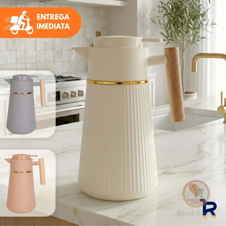 Garrafa Térmica Café Berlim 1L Luxo Dourada Cabo de Madeira Cafeteira Chá Água Decorativo Mesa Posta