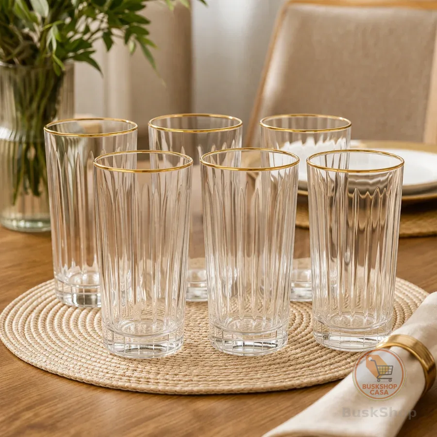Jogo 6 Copos Altos Com Borda Dourada Em Vidro 370ml Bebidas