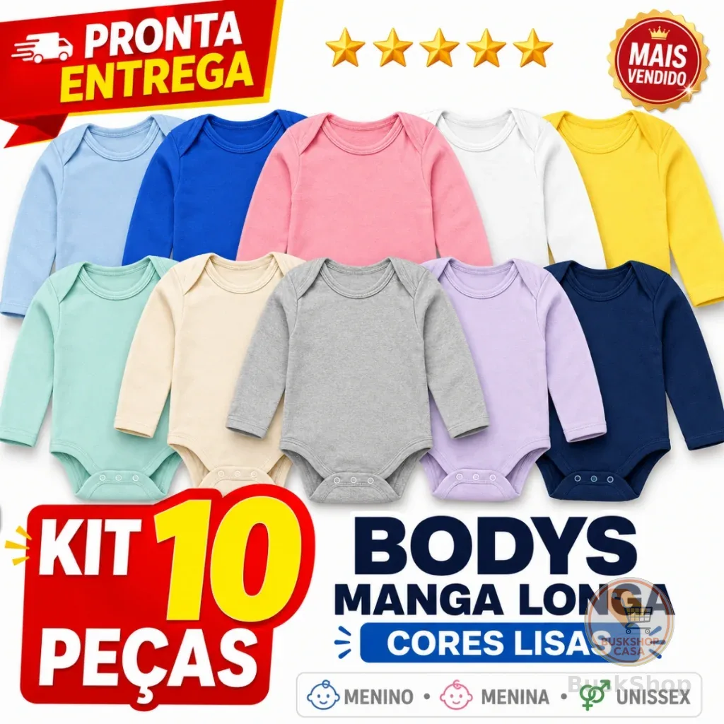 10 Unidades Body De Bebê Manga Longa Infantil Cores Lisas Menino Menina