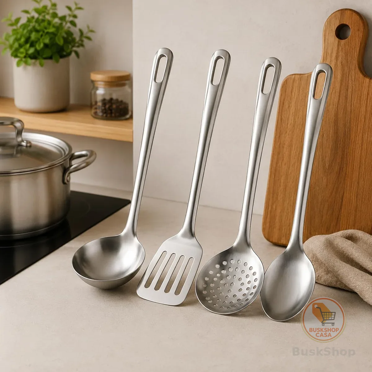 Kit Utensílios de Cozinha 4 Peças em Aço Inox 304 – Concha, Escumadeira, Espátula e Colher de Arroz – Resistente, Durável e Fácil de Limpar