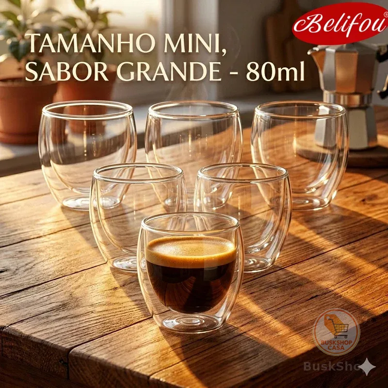 Belifou  6Pcs  Caneca De Vidro Café Dupla Isolamento Térmico 80ML