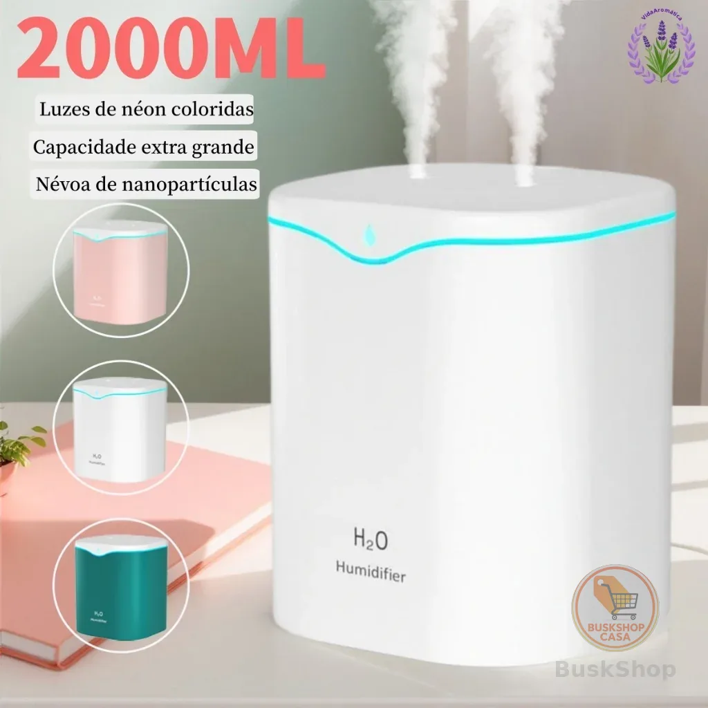 Umidificador Grande De Ar 2 Litros Para Quarto Silencioso e Aromatizador Saída Dupla Luzes Coloridas