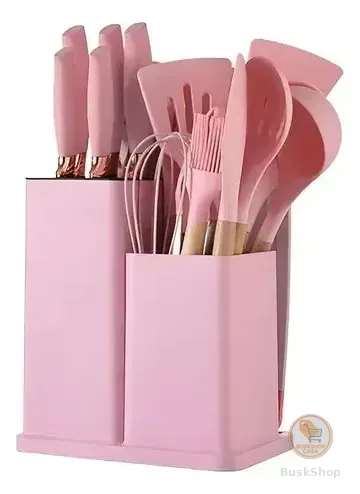 Kit 19 Utensílios Para Cozinha Com Tábua E Espátula Rosa