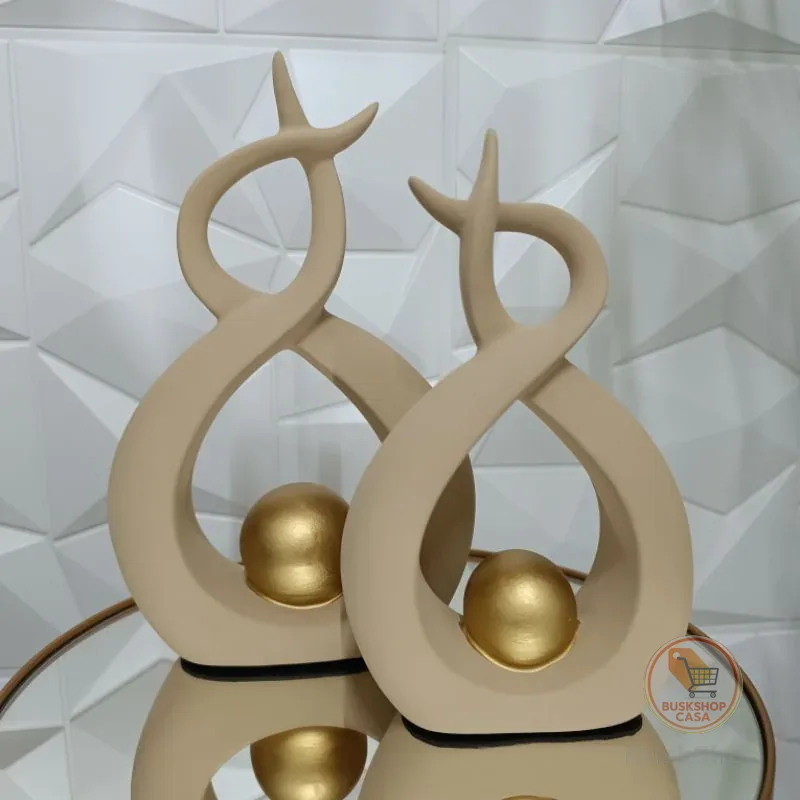 Par de Esculturas de Louças Abstratas Decoração para casa  – Esfera Dourada Bege Luxo