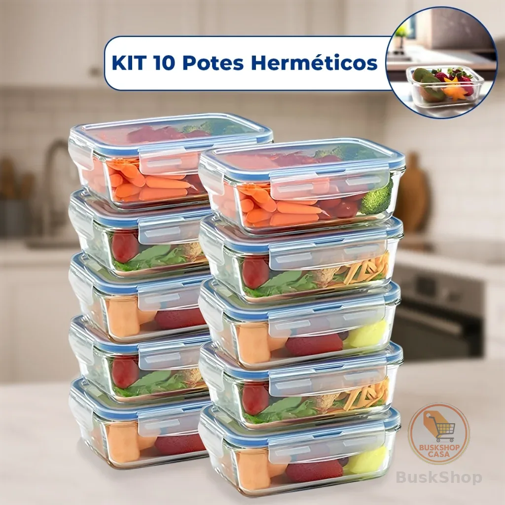 Kit Pote de Vidro Hermético Retangular 10 / 5 Unid Travas Marmita Fit Microondas Mantimentos