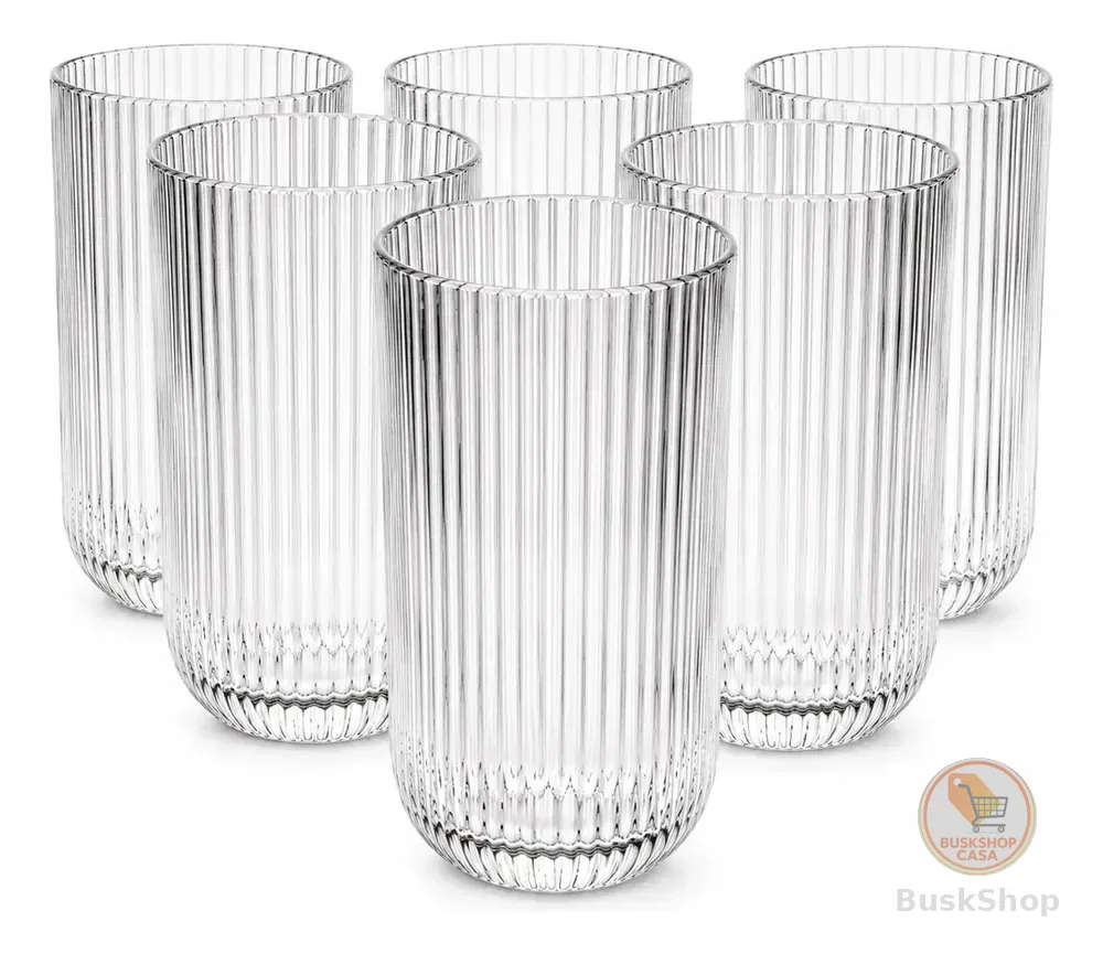 Jogo 6 Copos De Vidro Canelado 450ml Agua Sucos Drinks Transparente