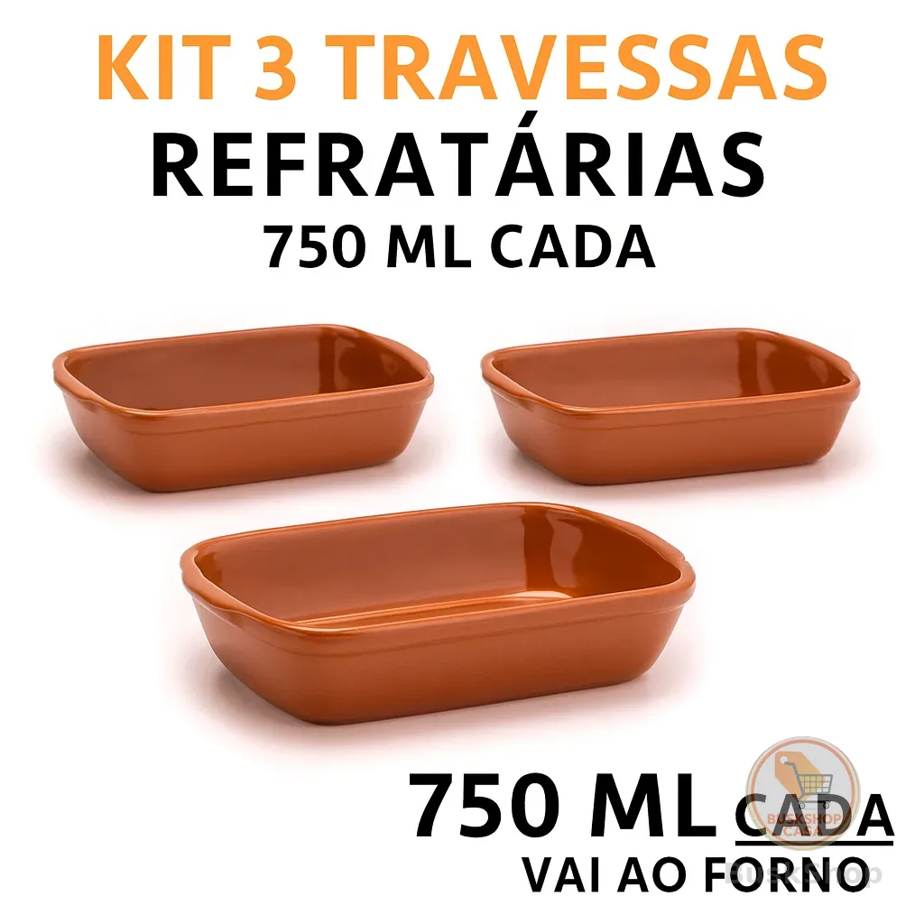 Kit 3 Travessas Refratárias Retangulares 750ml Marrom | Porcelana para Forno, Massas, Lasanha, Restaurante
