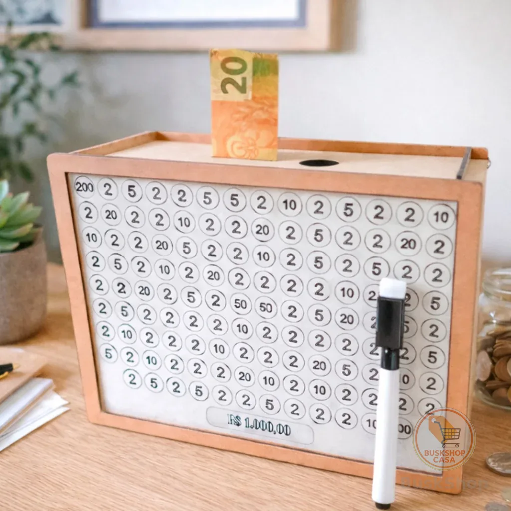 Cofre MDF Desafio 10 Mil 5 Mil 1 Mil Personalizado Com Caneta Caixa De Dinheiro Decorativa Organizadora Metas Financeira