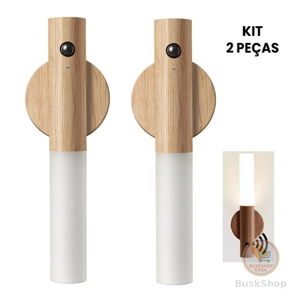 kit 2 Luminária Luz Led Recarregável Sensor de Movimento Arandela de Madeira Minimalista Para Mesa Parede