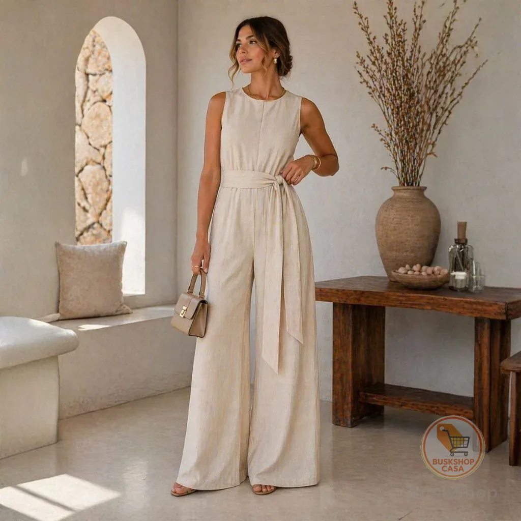 Macacão Feminino Linho Pantalona Elegante Com Faixa Cintura Alta Sem Manga Decote Fechado Longo Premium