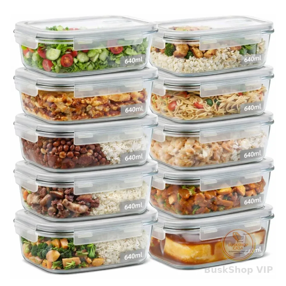 Kit 10 Potes de Vidro Herméticos 640ml com 4 Travas Ideal para Marmitas e Conservação de Alimentos, Vedação Total, Refratário para Forno e Freezer