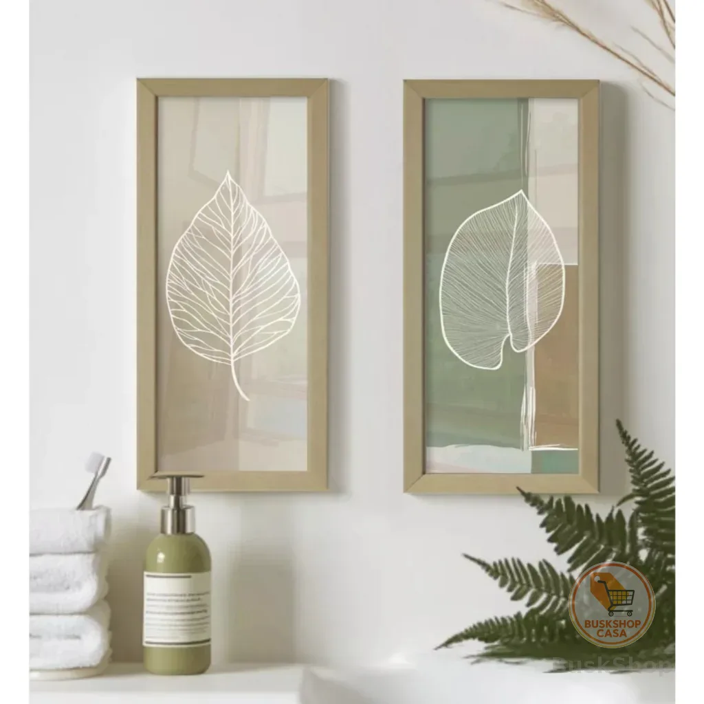 Kit 2 Quadro Decorativo Sala Para Banheiro Lavabo Cozinha Quarto Parede Folhas Verde Vidro Fake Moldura Minimalista Abstrato Tons Bege Decoração Elegante Boho Chic Coisas Diferentes Para Casa - Quadro Luxo Grande