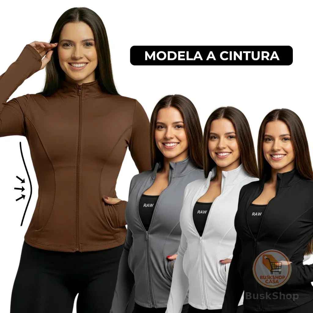 Jaqueta Academia Feminina Fitness Zíper e bolso Estilo Gringa Yoga Furo Dedo