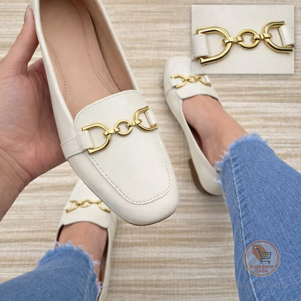 Sapatilha Mocassim Bico Quadrado Feminina Casual Com Enfeite Elegante
