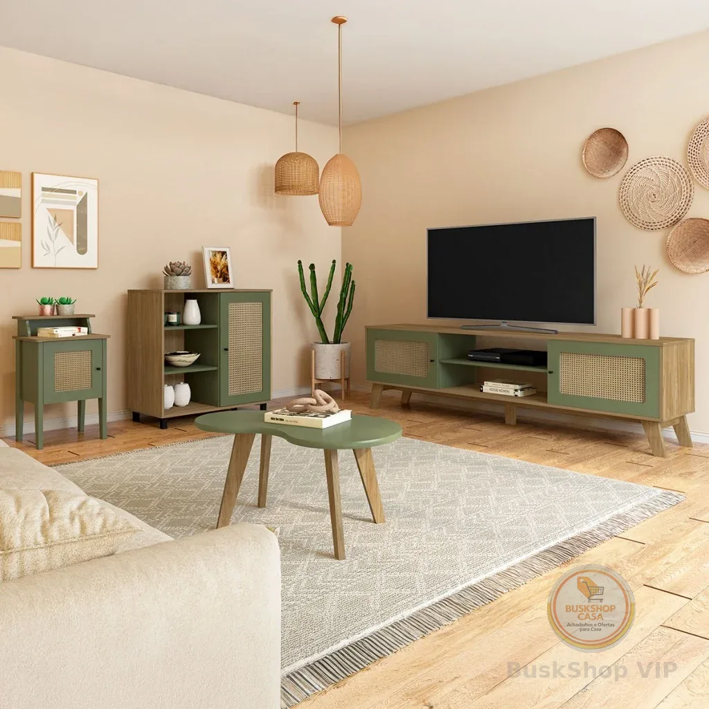 Sala de Estar Completa para TV Até 75 Polegadas Charlotte 4 Portas Carvalho/Menta - Pnr Móveis