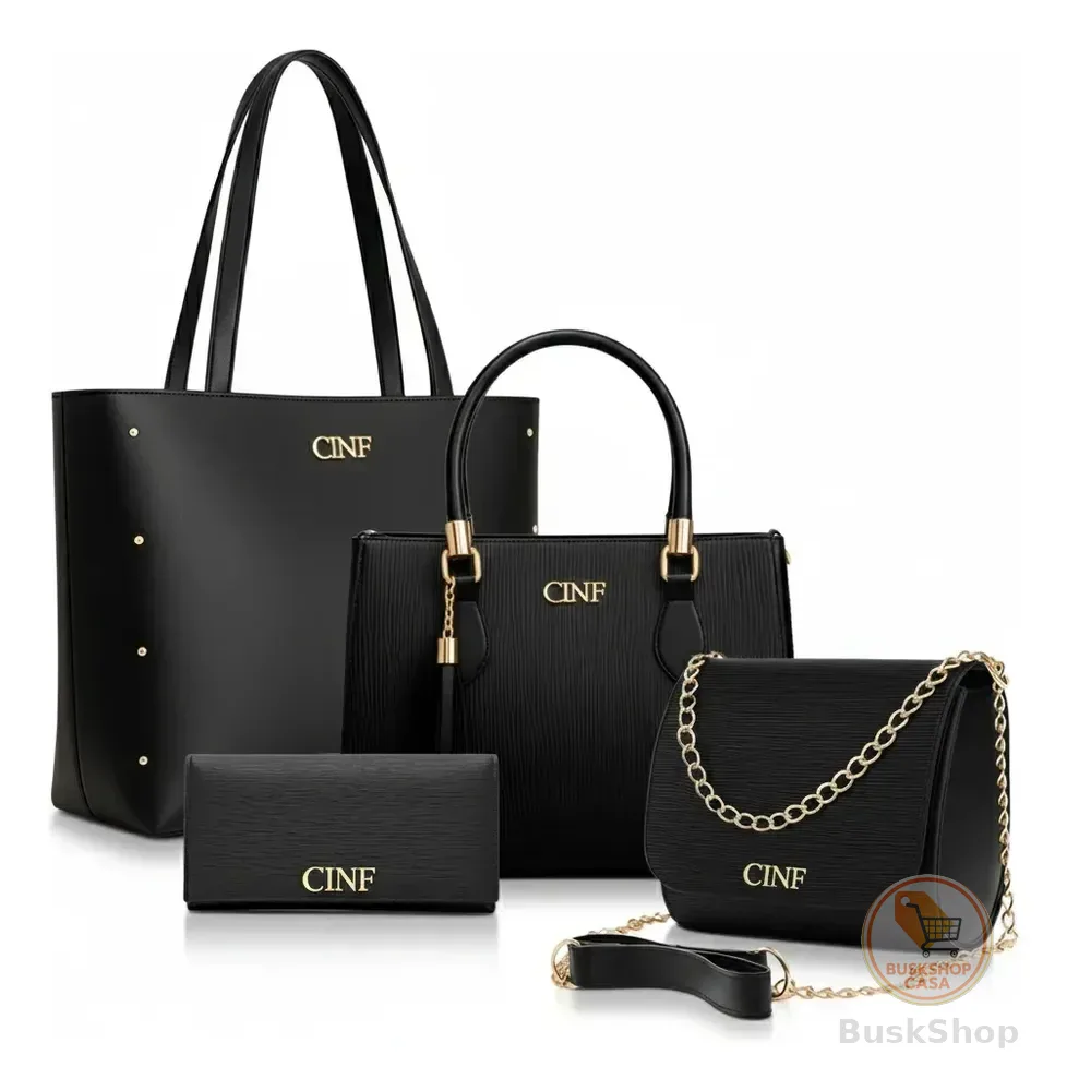 Kit Bolsas Feminina Sacola Transversal Tira Colo Carteira Cor Preta