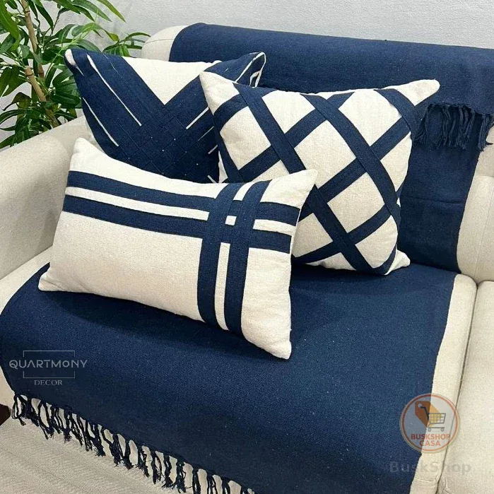 Kit Capa Almofada Fita Azul Marinho Rustica Boho Chic Artesanal Sofa Cama Tiras Terracota Moderno