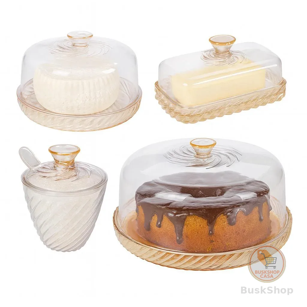Kit Mesa Posta Queijeira Boleira Açucareiro Manteigueira Amarelo e Incolor Twist  4 Peças Plasútil