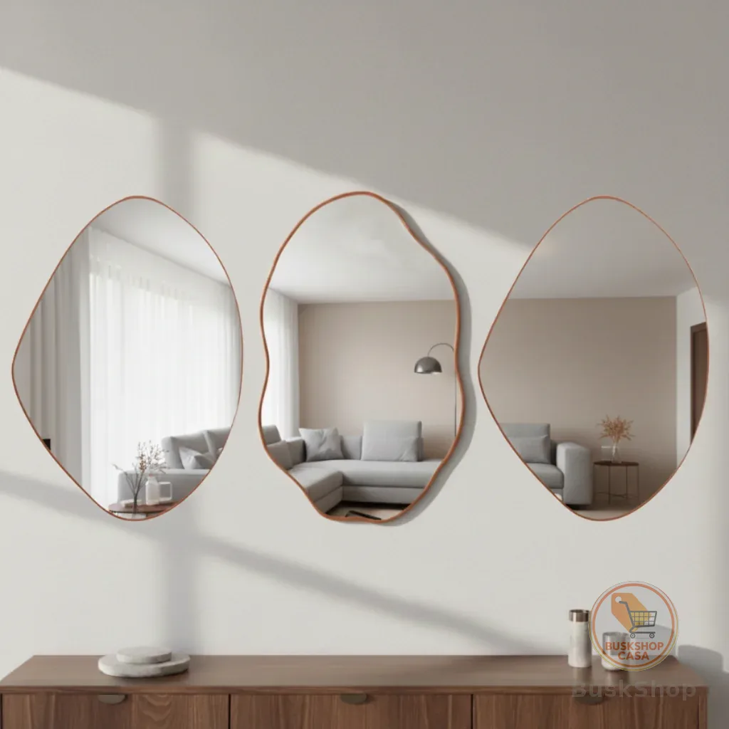 Kit 3 Espelhos Orgânicos Decorativos com Moldura em Couro Caramelo – Moldura Caramelo Para Sala Hall
