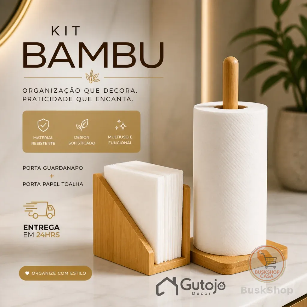 Bambu Porta Guardanapo + Suporte de Papel Toalha Grande para Mesa Bancada Cozinha Porta Rolo