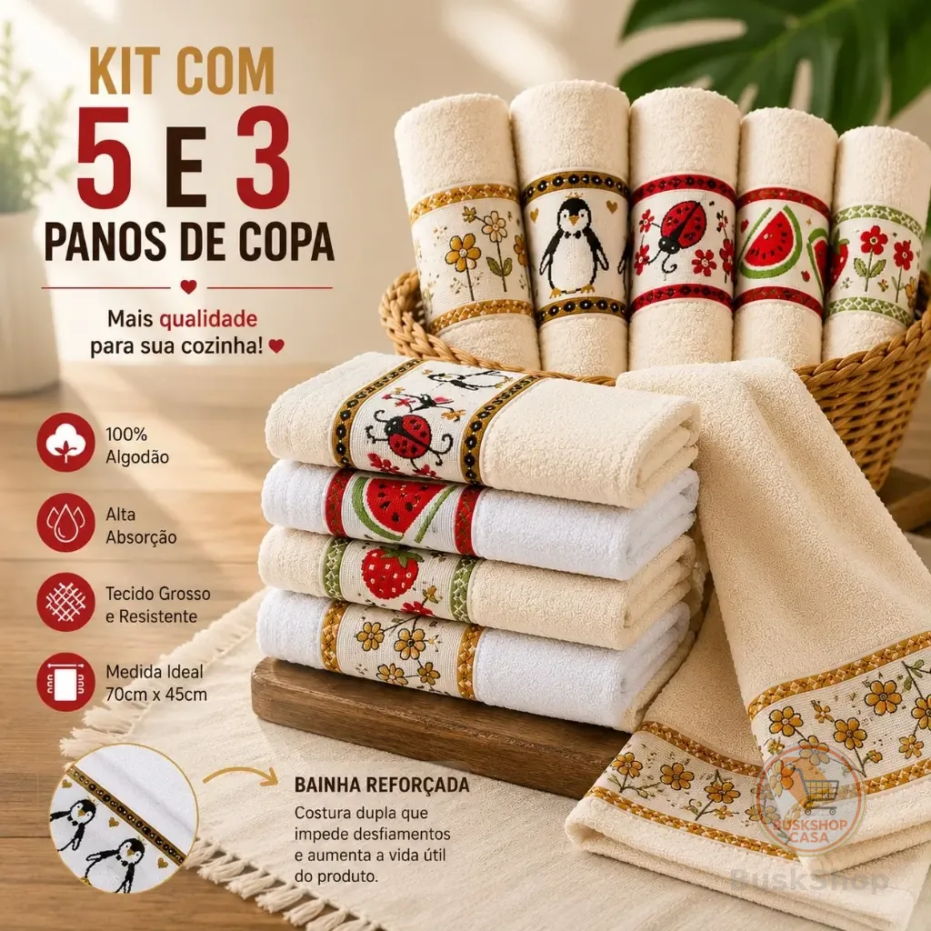 Kit 5 e 3 Panos de Copa Algodão Felpudo Alta Absorção para Cozinha Uso Diário Limpeza Doméstica