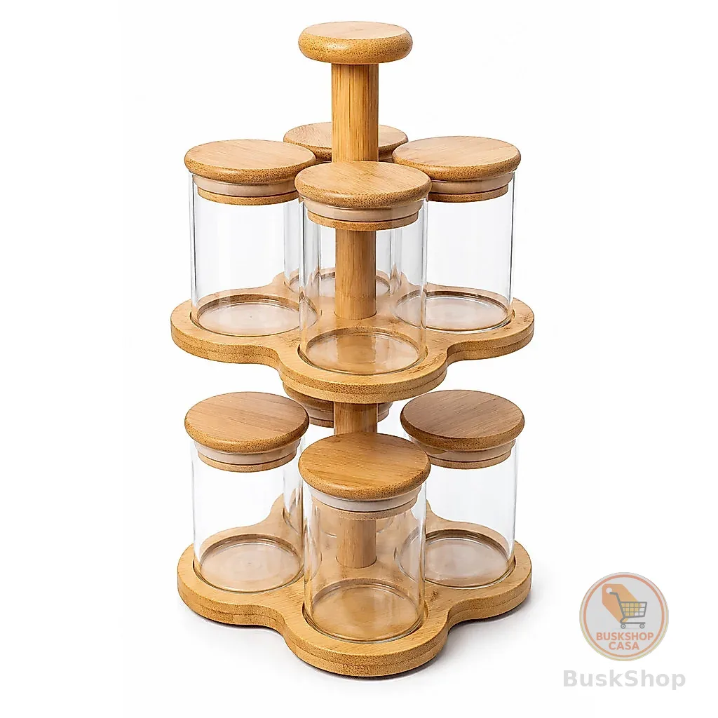 Conj. 8 Porta Condimento Vidro Bambu e Suporte 200ml Lehavi