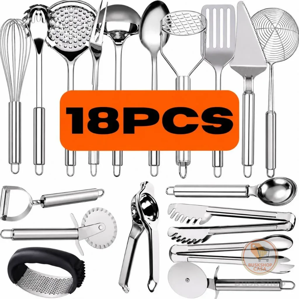 Kit Jogo 18 Talheres Utensílios De Aço 100% Inox Original Multiuso Para Sua Cozinha