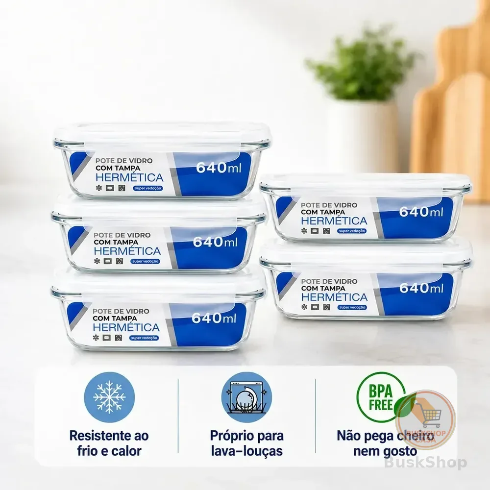 Kit 5 Potes Vidro Hermético 640ml Marmita Forno Micro-ondas Transparente