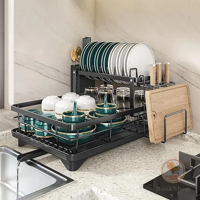 Escorredor De Louça Organizador 2 Em 1 de Pia Rack de Cozinha Duplo Aço Carbono Preto, Branco