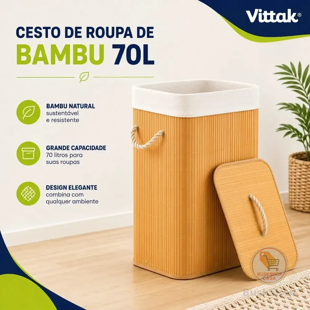 Vittak Cesto De Roupa Bambu 72 Litros Dobrável Retangular Com Tampa E Forro