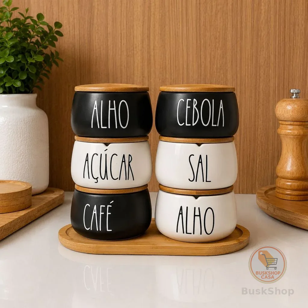 Pote em Cerâmica com Tampa de Bambu Minimalista Chique Personalizado