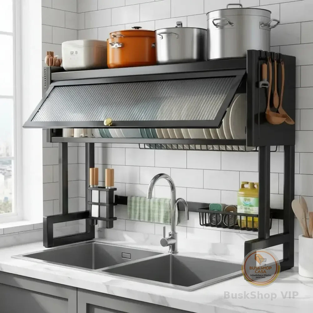 85cm Escorredor De Prato Louça De Cozinha Com Porta Preto