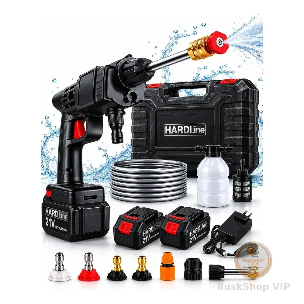 Lavadora Lava Jato Portátil De Alta Pressão Automotiva Sem Fio Hidrolavadora Recarregável Com 2 Baterias + Maleta Completa Bivolt Hardline Preta 127/220v 50hz/60hz
