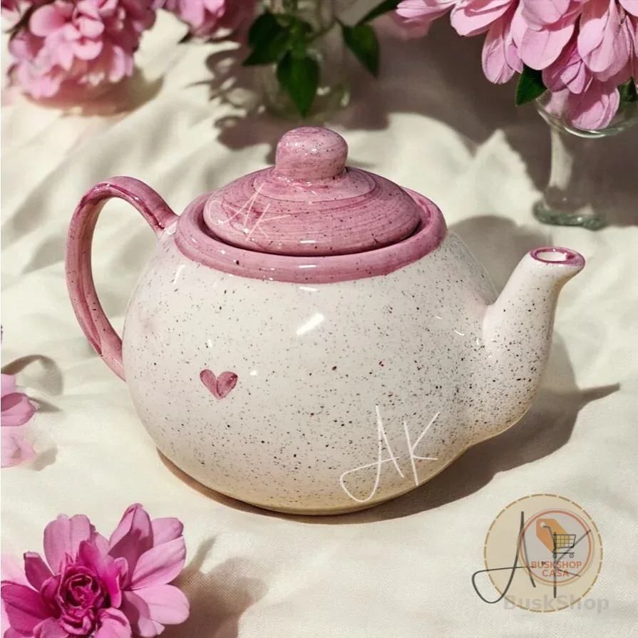 Bule de Cerâmica Chaleira Chá Café Linha Rosa Coração c/ Tampa 700ml