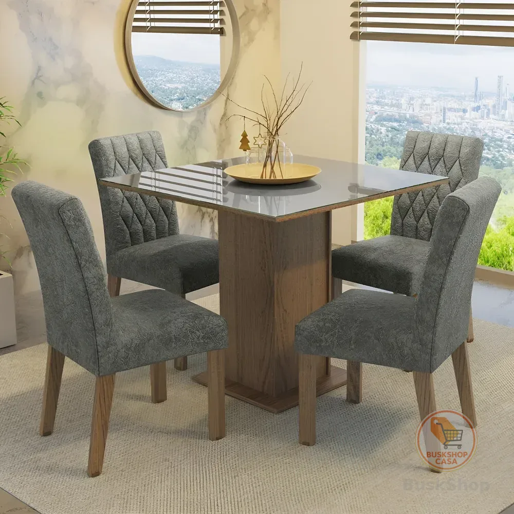 Sala Jantar Mesa Tampo Vidro 4 Cadeiras Anaju Madesa Rcs Cor Rustic/Cinza/Silver Desenho do tecido das cadeiras Liso MDJA040138F9SIL