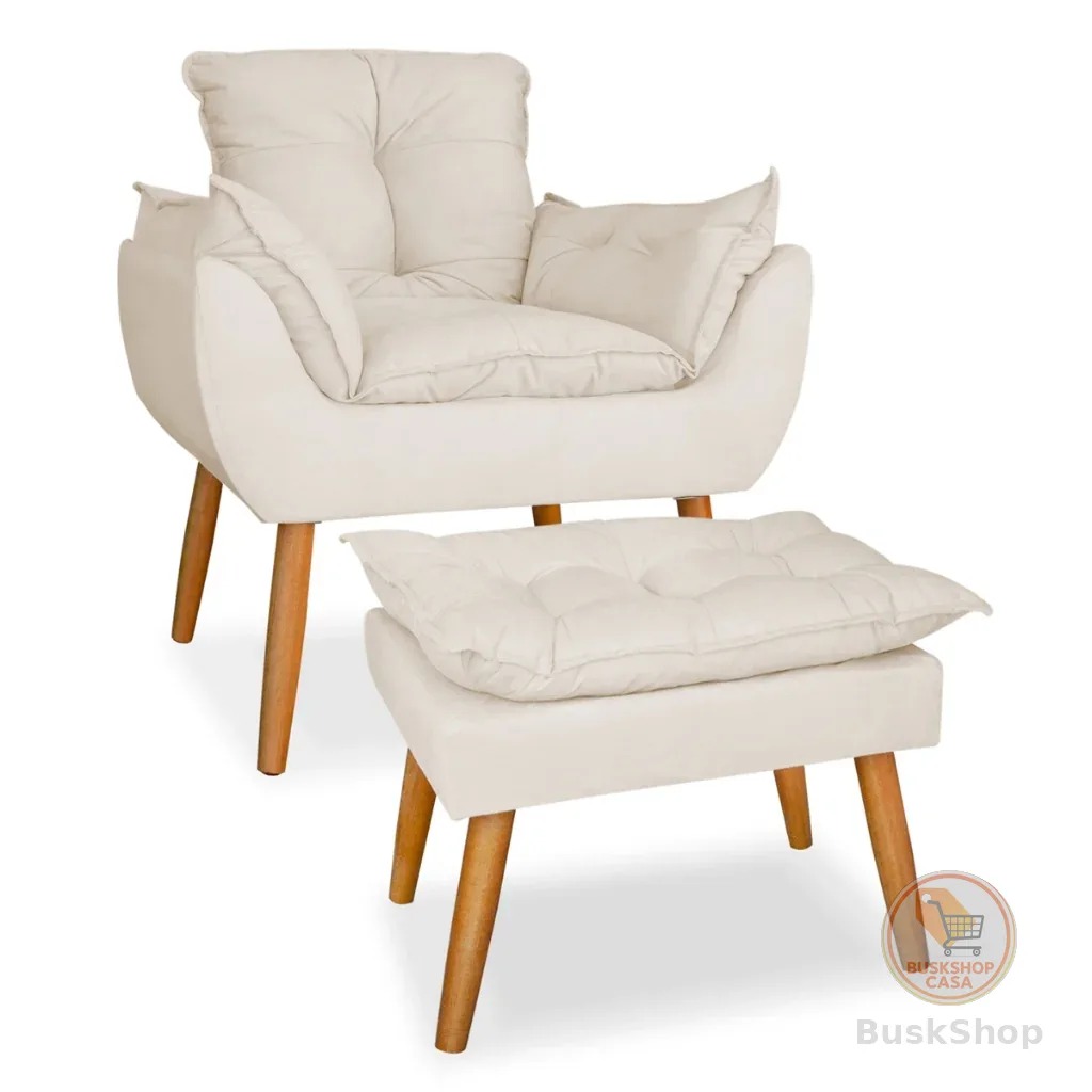 Kit poltrona mais puff deluxo pes palito em suede bege