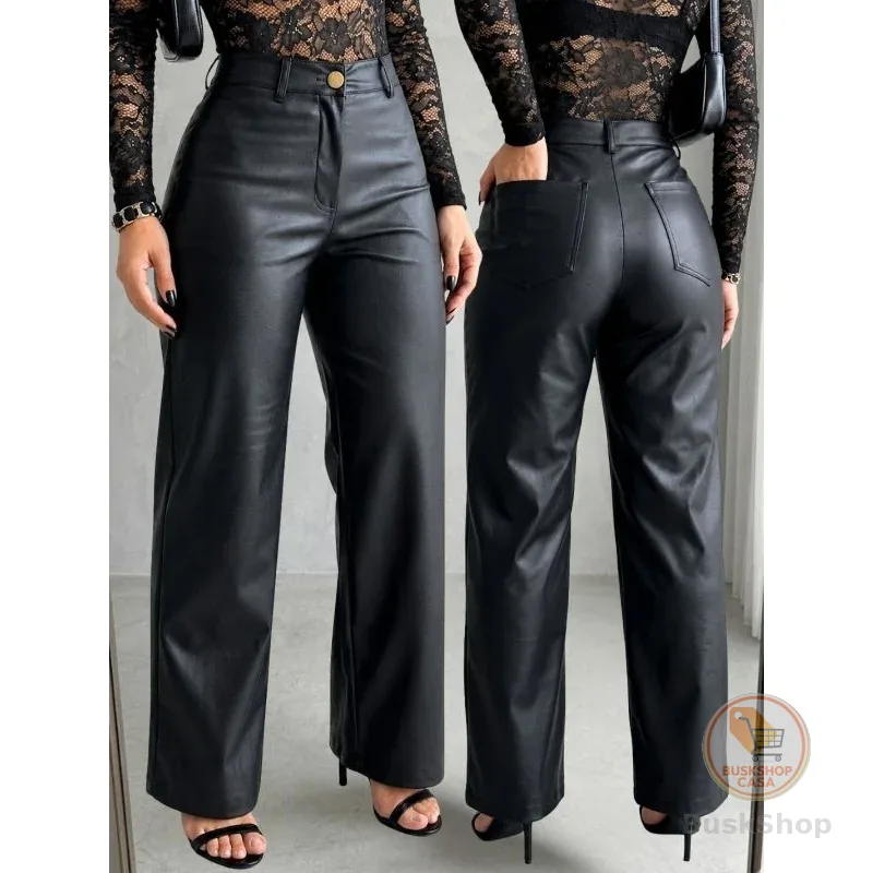 Calça Feminina Cintura Alta Wide Leg Pantalona Bolso Couro Premium Preta Fake