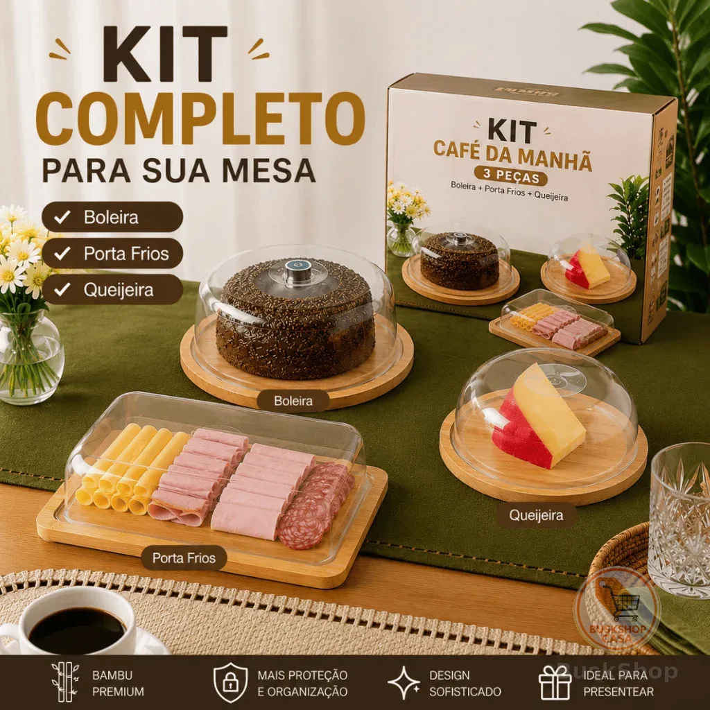 Kit Café da Manhã Boleira Bambu + Porta Frios Bambu + Queijeira Em Bambu Tampa Acrílico Mesa Posta