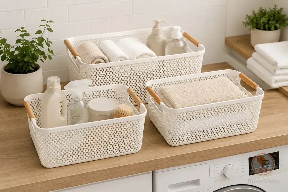 Kit 3 Cesto Organizador Multiuso Alça Madeira 27cm Branco