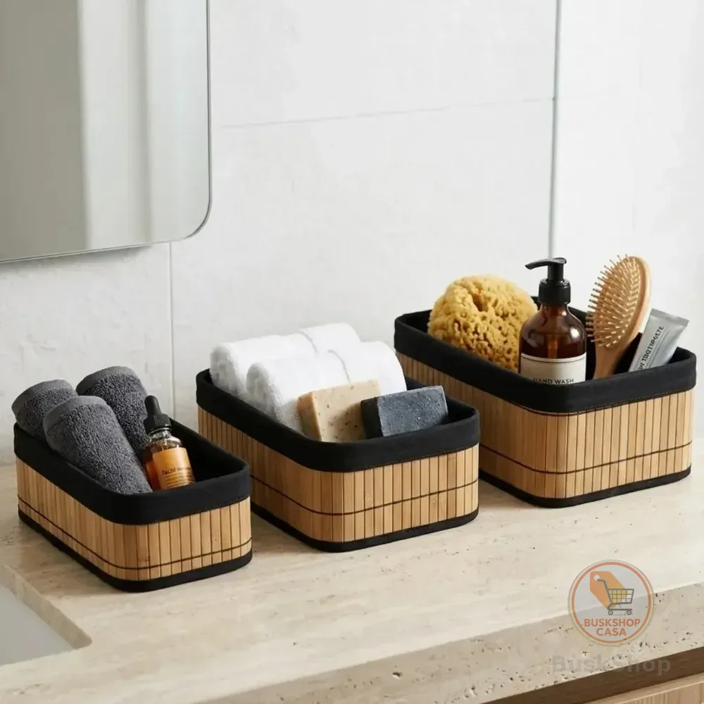 Kit 3 Cestos De Bambu Multiuso Organizador Caixa Palha Com Forro De Linho Decoração Cozinha Quarto Sala Ambiente Armário Escritório Banheiro Pítia