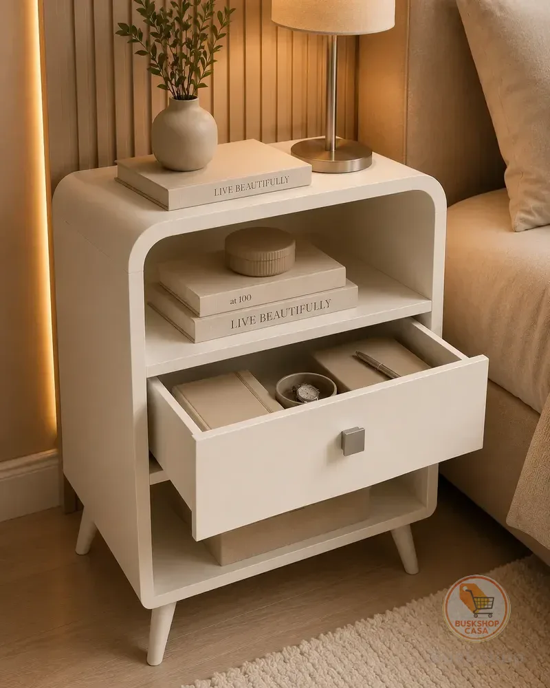Mesinha De Cabeceira 100%  Mdf - Retrô C/ Gaveta E Nichos Brilhante Off White/ipê