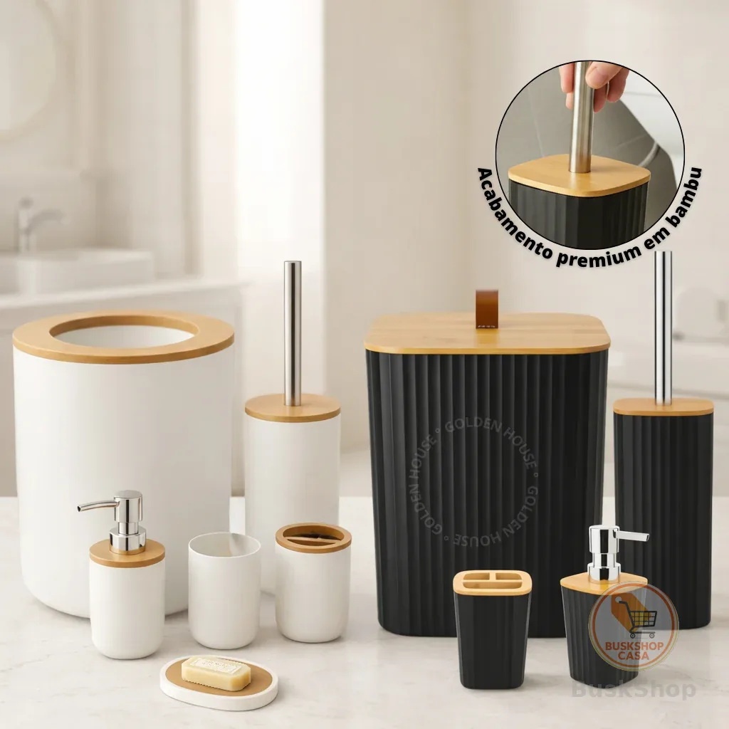 Kit Banheiro Lixeira C/ Tampa Detalhes Em Bambu Premium