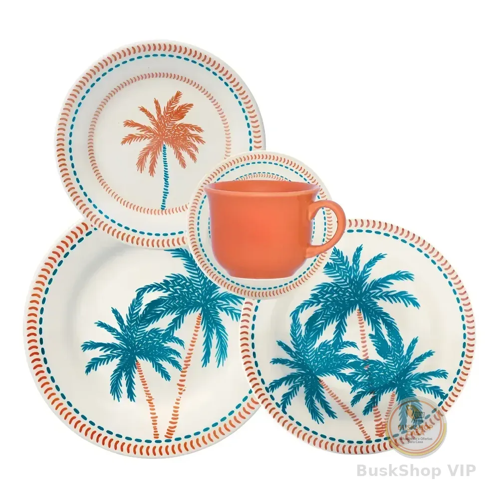 Aparelho De Jantar 30 Peças Biona Donna Caribe Cerâmica Branco Laranja E Azul