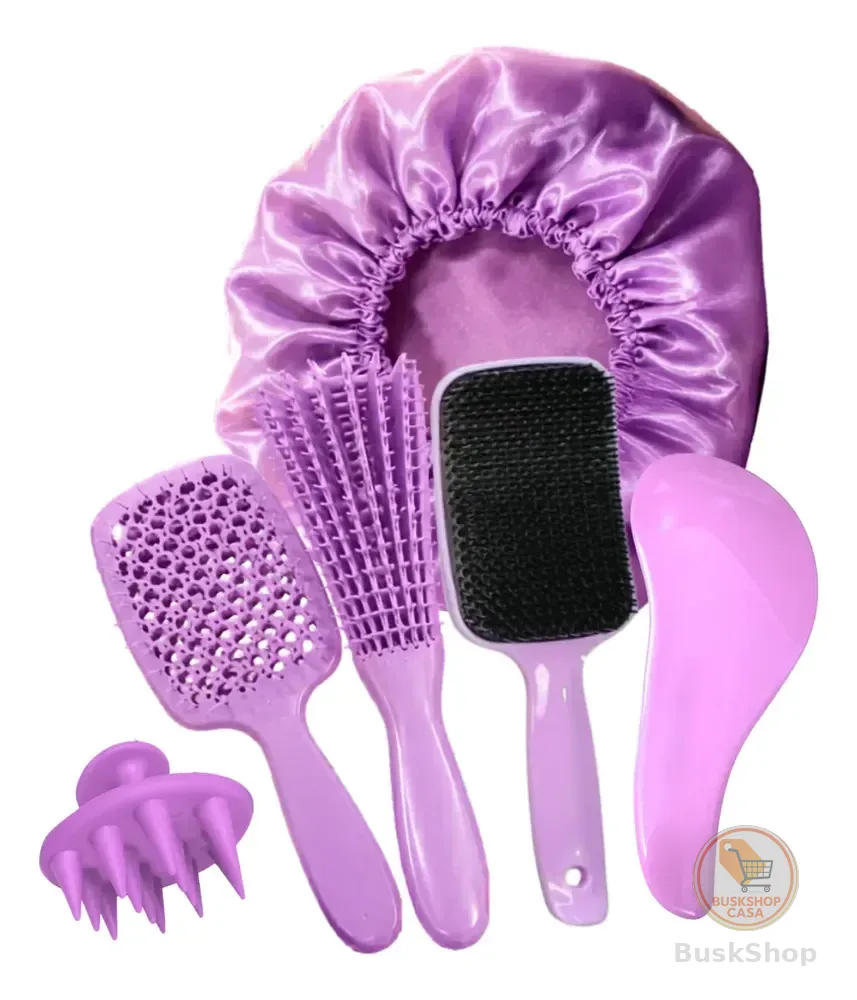 Kit 5 Escovas Cabelo Escova Polvo Mágica Raquete Vazada Touc Lilás