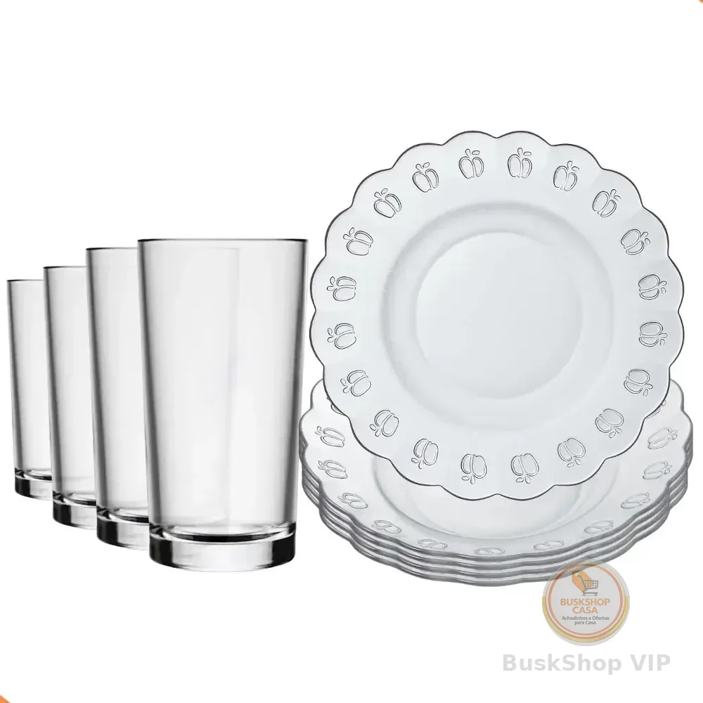 Aparelho De Jantar Em Vidro 8 Peças| Kit Com Pratos E Copos Transparente