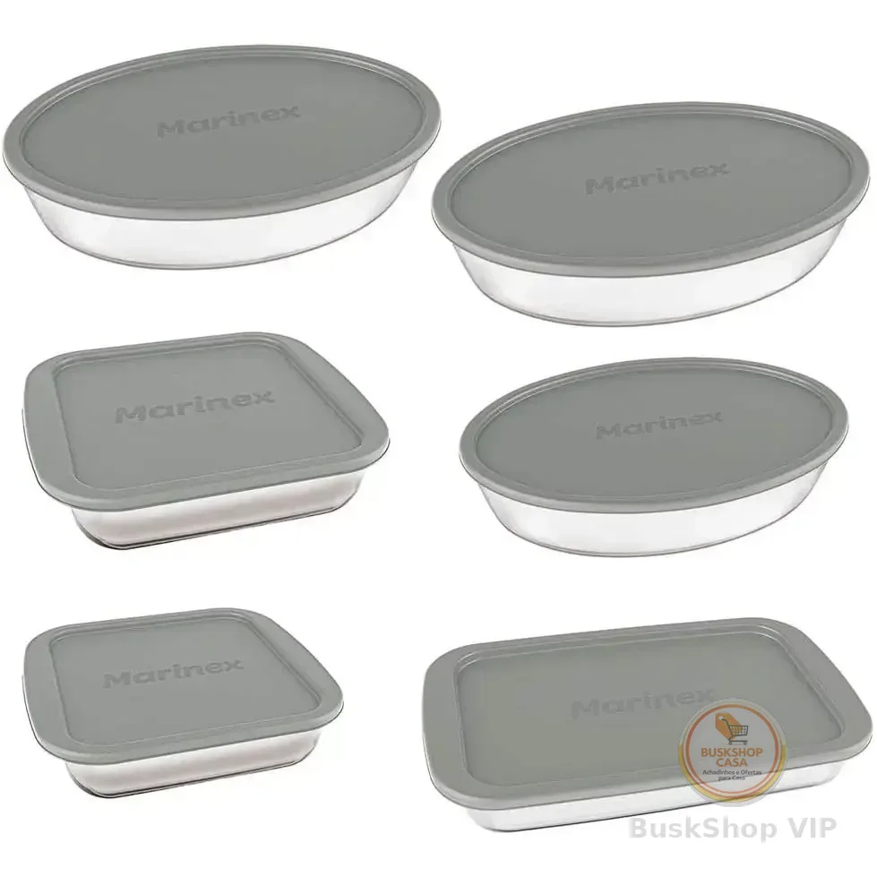 Conjunto Assadeiras 6 Peças De Vidro Com Tampa Cinza - Marinex