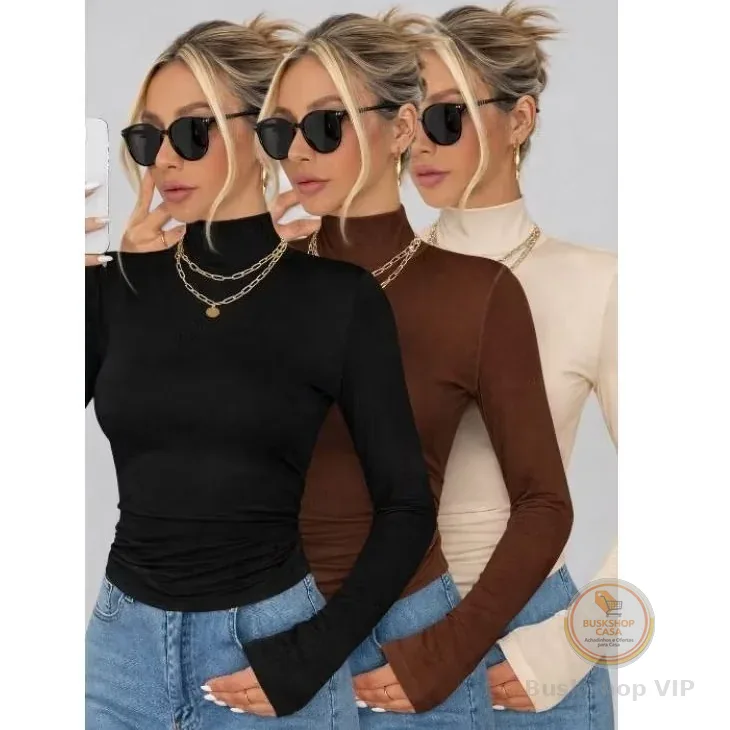 KIT 3 Blusas Feminina Manga Longa Gola Alta Cacharrel Segunda Pele