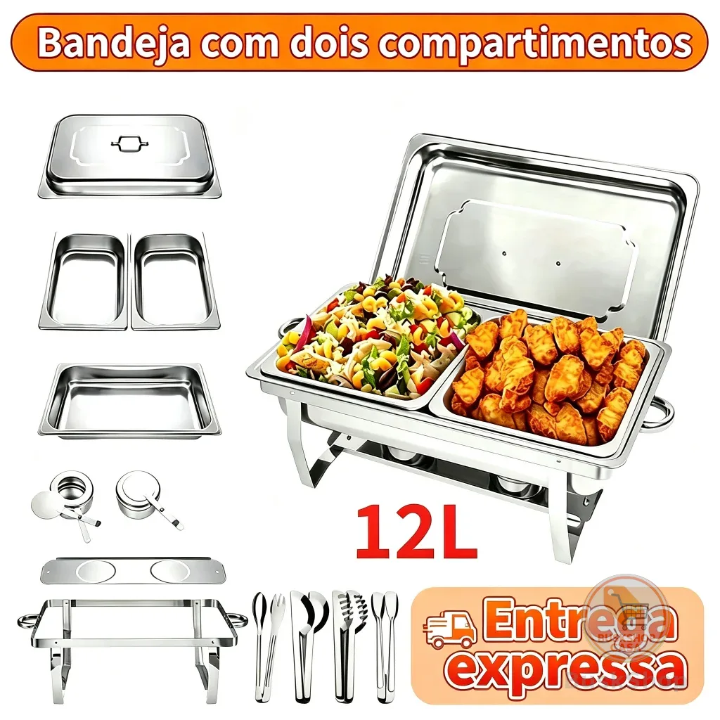 Rechaud Profissional Inox 12L com 1, 2 ou 3 Divisórias para Buffet Festas Eventos，maje