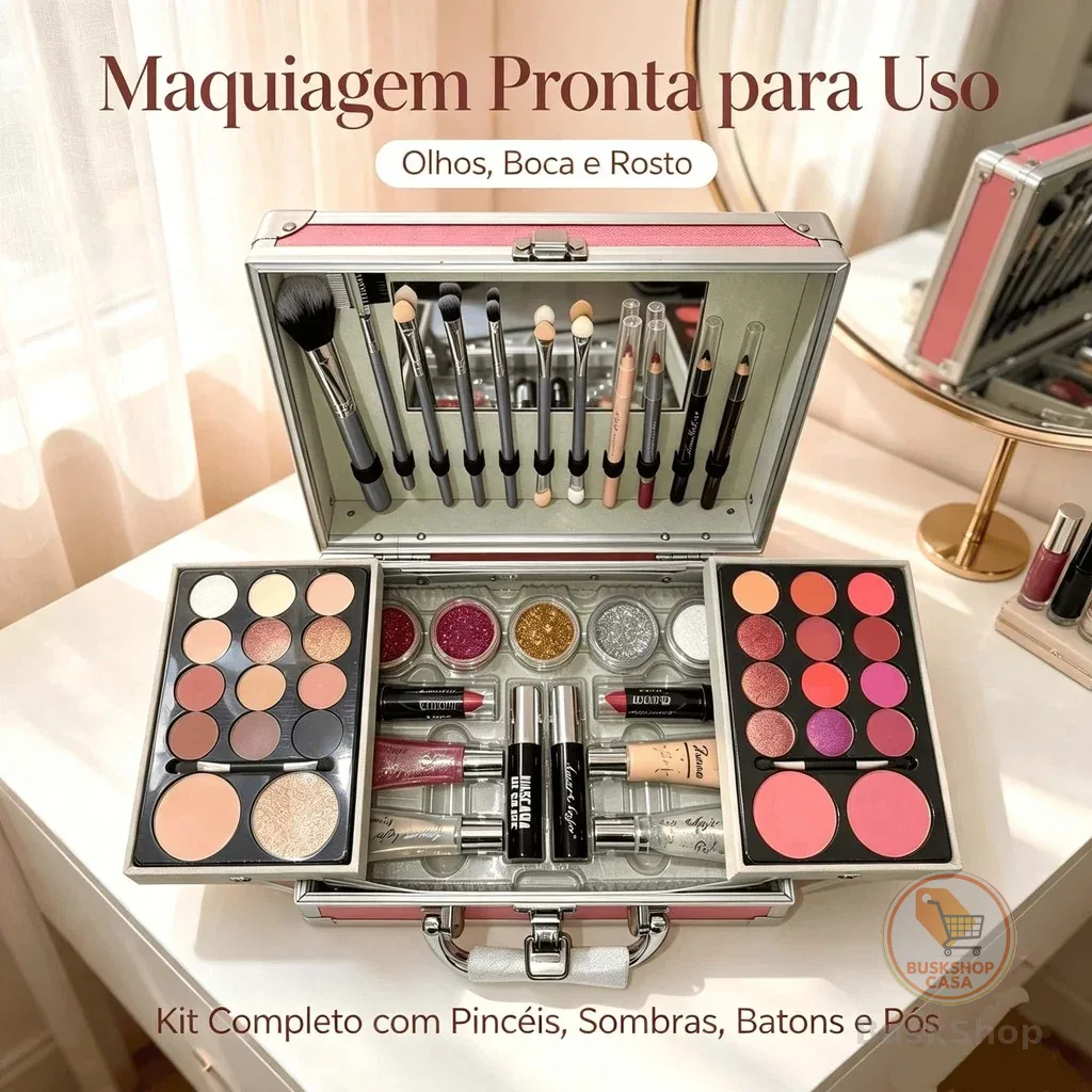 Maleta Completa de Maquiagem 23x17x8cm, Kit com Sombras e Pincéis, Cores Rosa, Fúcsia e Dourado