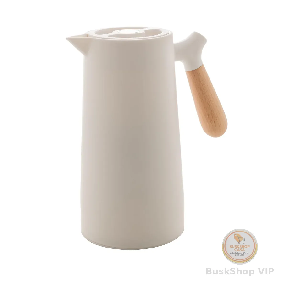 WOLFF - Garrafa Térmica de Plástico com Cabo de Madeira Nórdica 1L Branca - Mesa Posta - Itens Para Casa - Utensílios de Cozinha - Perfeita Para Café e Chá
